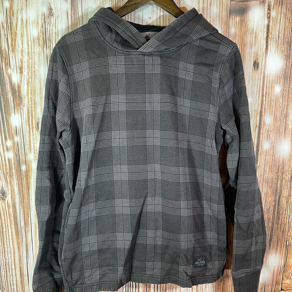 Hollister Hoodie Mens Medium Plaid Dark Gray / Taupe Long Sleeve Pullover
